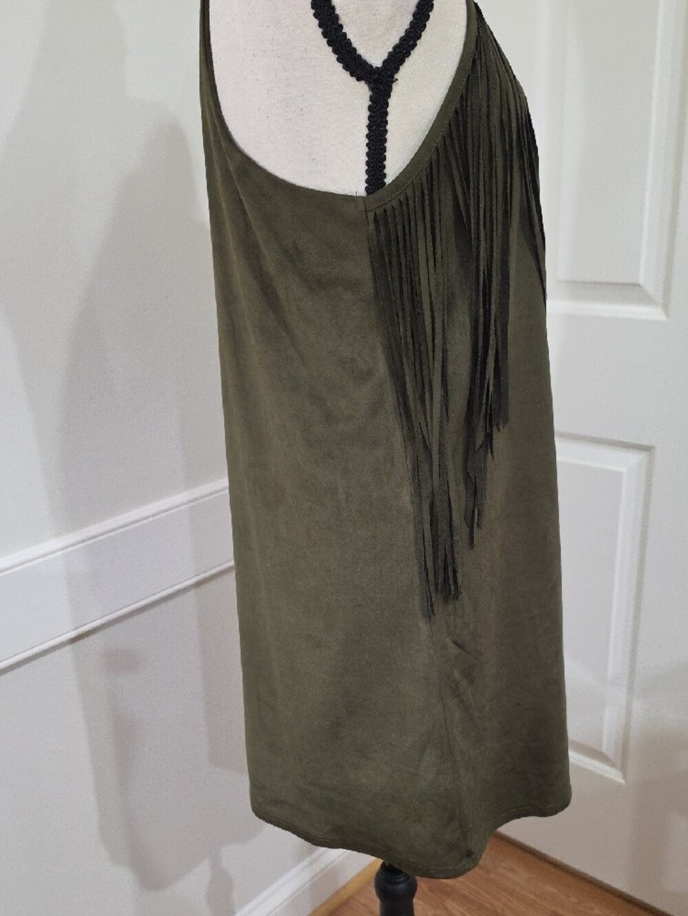 YA Los Angeles Olive Green Faux Suede Fringe Mini Dress - Size Small - Picture 8 of 13